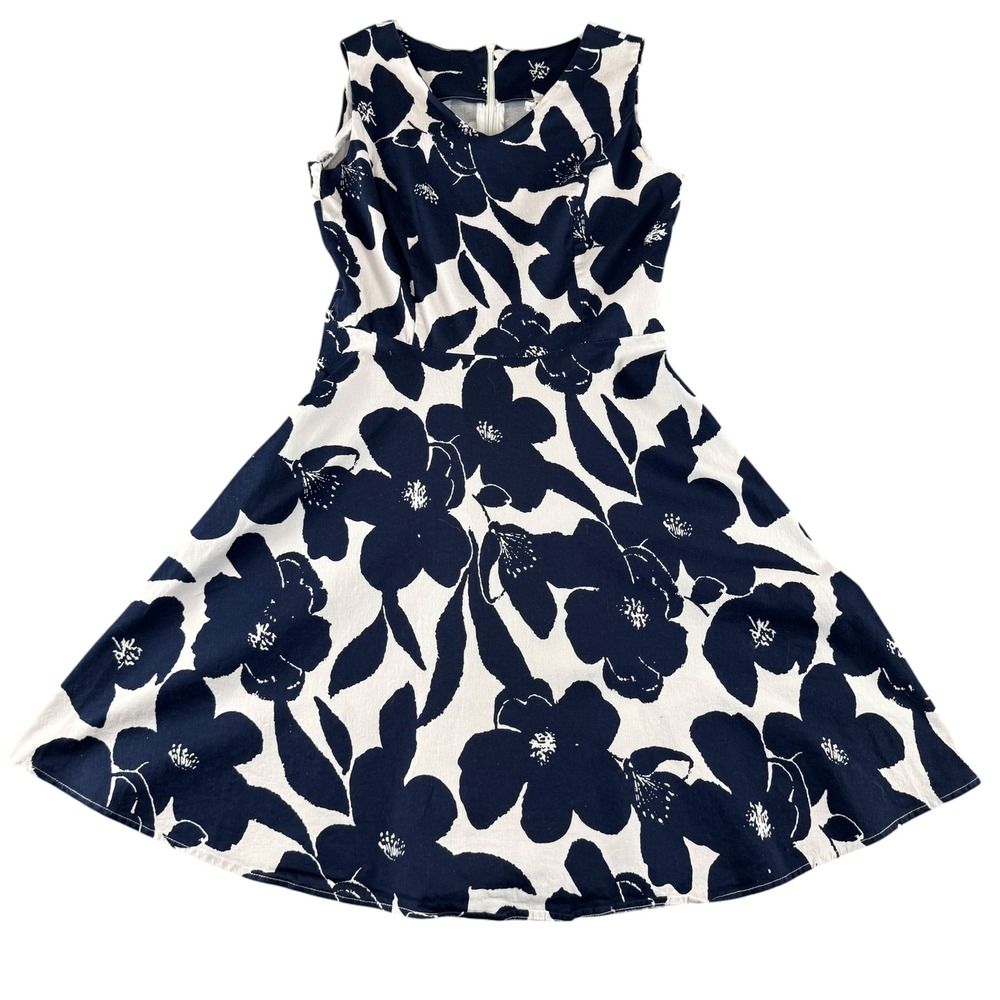 Navy Blue White Floral Fit and Flare Sleeveless V-Neck Dress Large